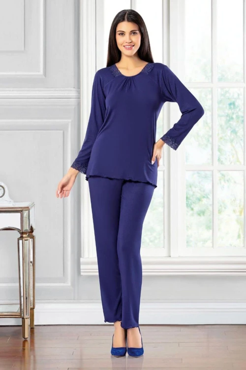 Lacivert Dantel Detaylı Pijama Takımı BCAN-258606FA
