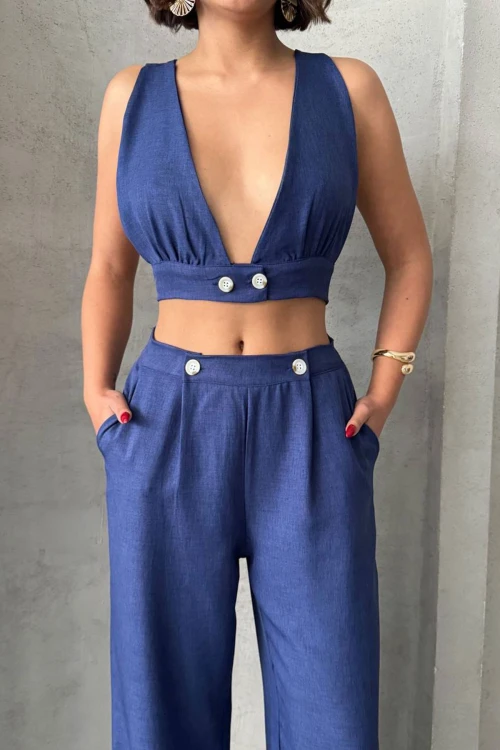 Lacivert Dekolteli Crop Bluz Ve Pantolonlu Keten Dokuma Alt Üst Takım BCHN-25255012