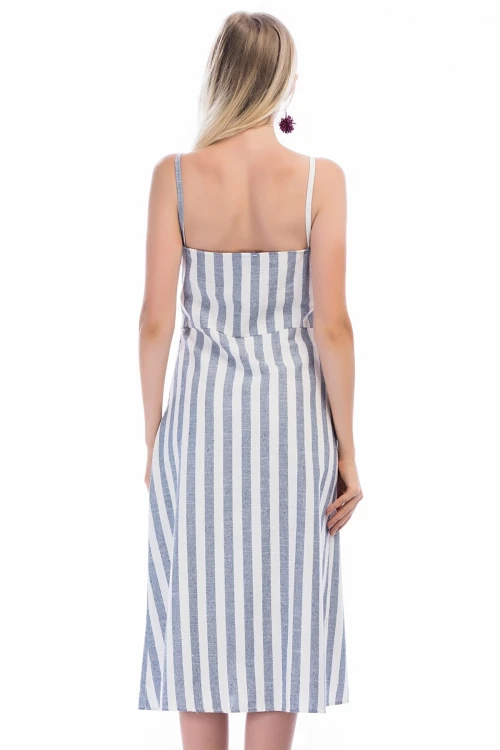 Lacivert Göğsü Bağlama Detaylı Keten Dokuma Elbise CO-258301245