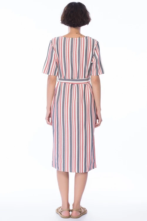 Lacivert Kırmızı Keten Çizgili Yandan Düğmeli Kısa Kol Elbise CO-258331276