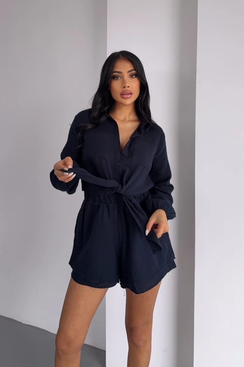 Lacivert Müslin Keten Şortlu Alt Üst Takım BCBT-251001