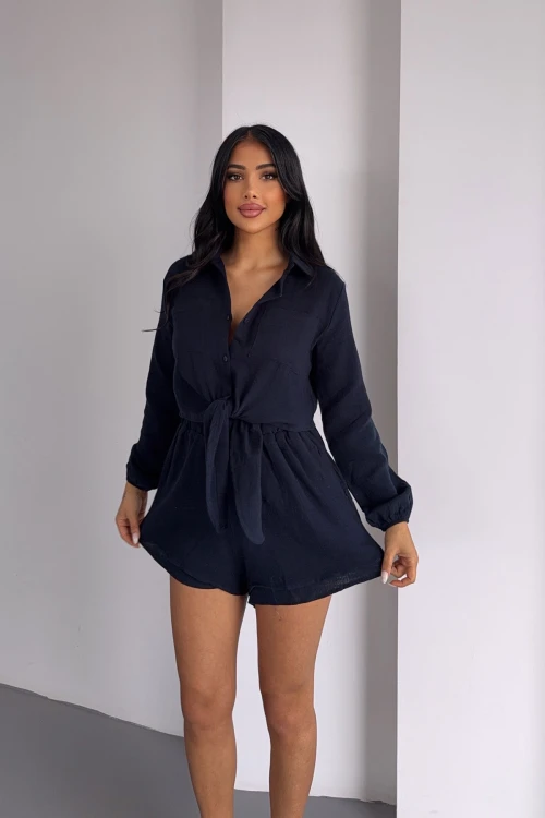 Lacivert Müslin Keten Şortlu Alt Üst Takım BCBT-251001