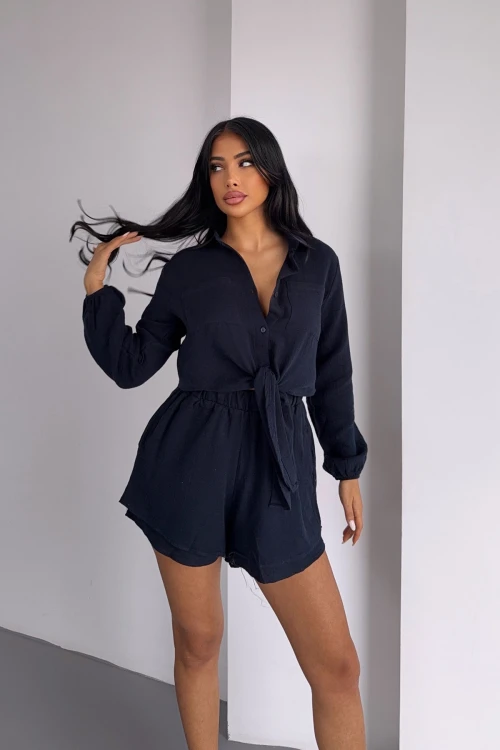 Lacivert Müslin Keten Şortlu Alt Üst Takım BCBT-251001