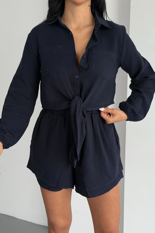 Lacivert Müslin Keten Şortlu Alt Üst Takım BCBT-251001