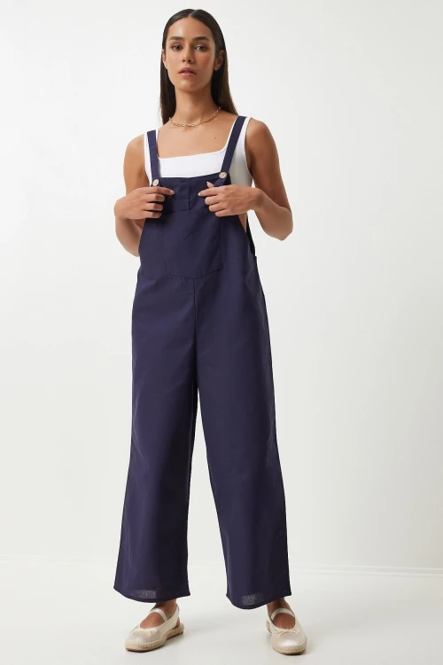 Lacivert Önü Cepli Askılı Yazlık Gabardin Bahçıvan Tulum