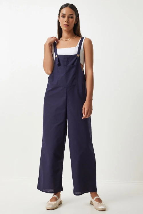 Lacivert Önü Cepli Askılı Yazlık Gabardin Bahçıvan Tulum