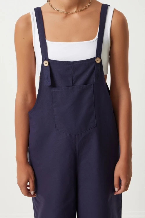 Lacivert Önü Cepli Askılı Yazlık Gabardin Bahçıvan Tulum