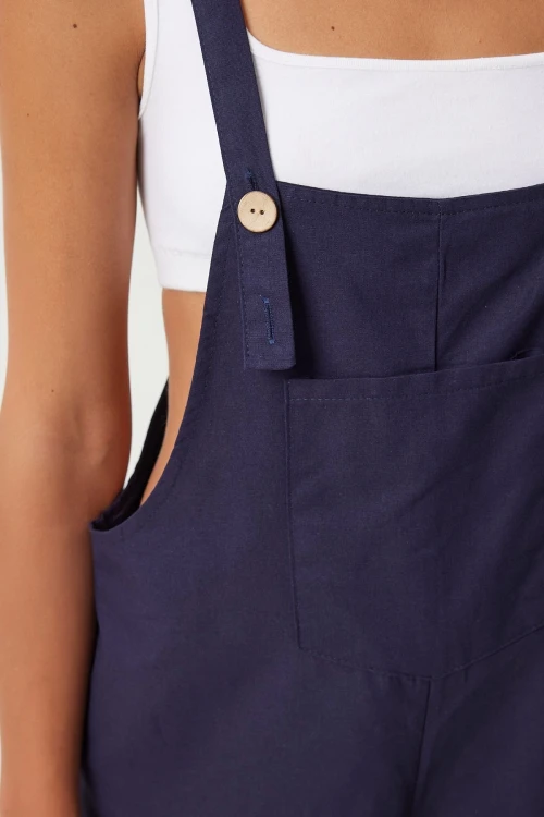 Lacivert Önü Cepli Askılı Yazlık Gabardin Bahçıvan Tulum