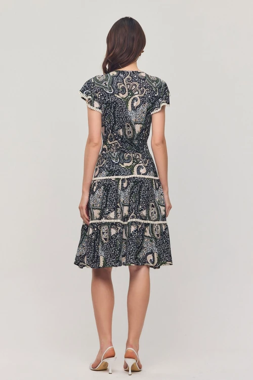 Lacivert V Yaka Nervürlü Çiçek Desenli Yazlık Viscon Elbise BCVL-25V054