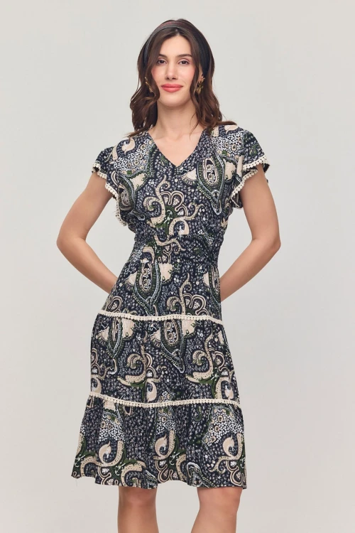 Lacivert V Yaka Nervürlü Çiçek Desenli Yazlık Viscon Elbise BCVL-25V054