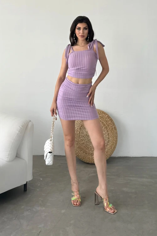 Lila Bağcık Detaylı Crop Bluz Ve Etek İkili Takım BCDF-251085