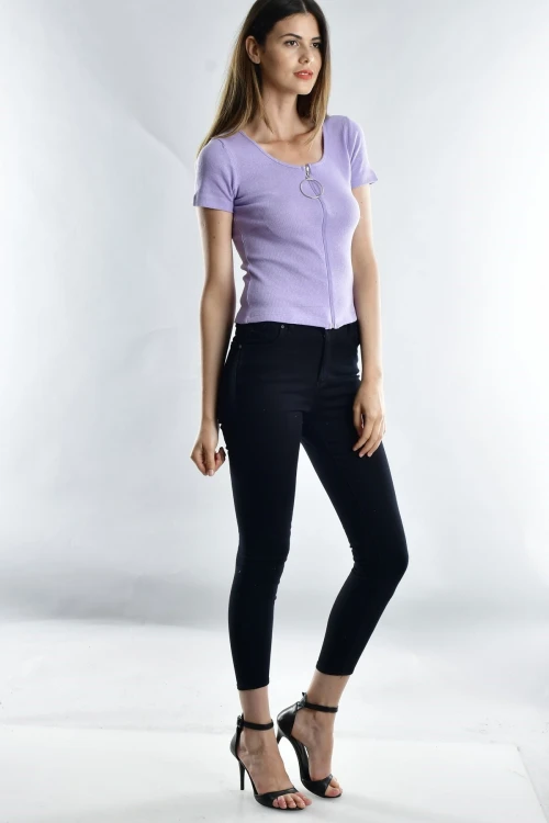 Lila Kaşkorse Önü Fermuarlı Kısa Kol Bluz CO-2520021941