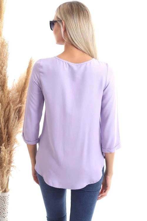 Lila Yaka Aksesuarlı Uzun Kol Dokuma Bluz CO-2520343352