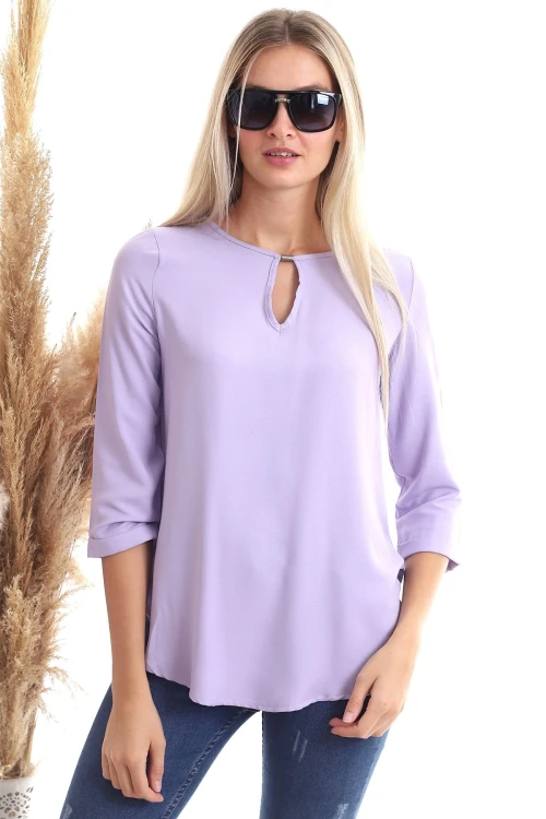 Lila Yaka Aksesuarlı Uzun Kol Dokuma Bluz CO-2520343352