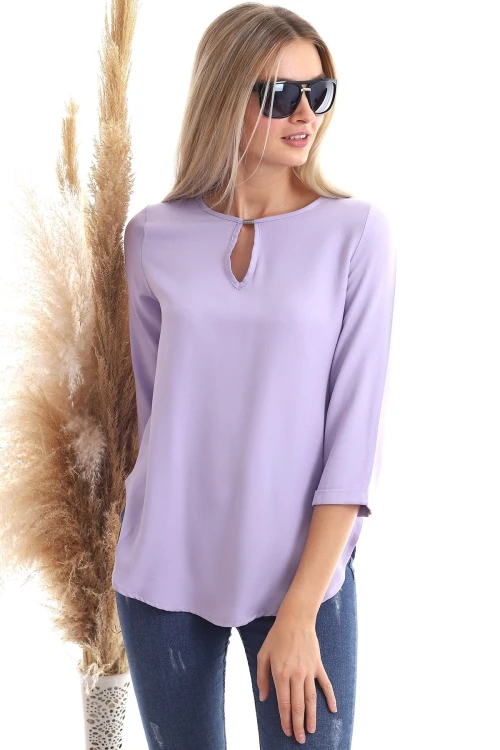 Lila Yaka Aksesuarlı Uzun Kol Dokuma Bluz CO-2520343352