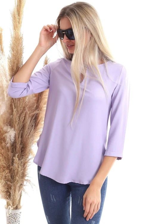 Lila Yaka Aksesuarlı Uzun Kol Dokuma Bluz CO-2520343352