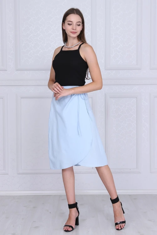 Mavi Beli Bağlamalı Anvelop Dokuma Viskon Etek CO-259313124