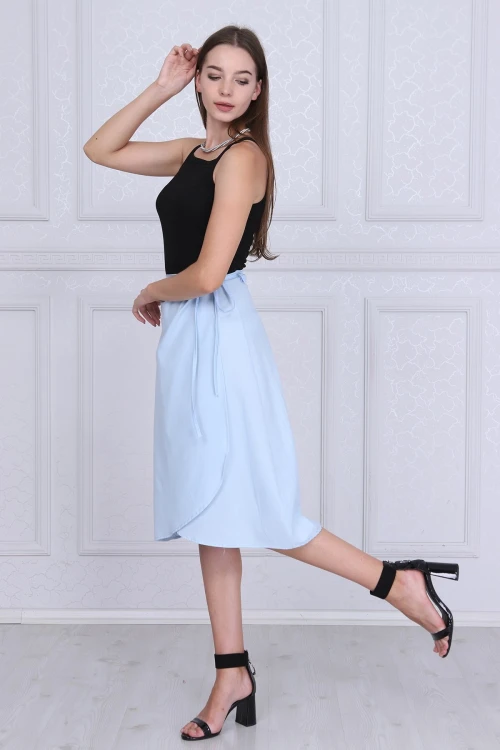 Mavi Beli Bağlamalı Anvelop Dokuma Viskon Etek CO-259313124