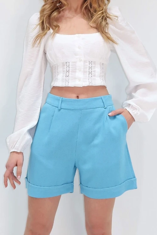 Mavi Duble Paça Gizli Fermuarlı Yazlık Keten Dokuma Şort BCIR-251002