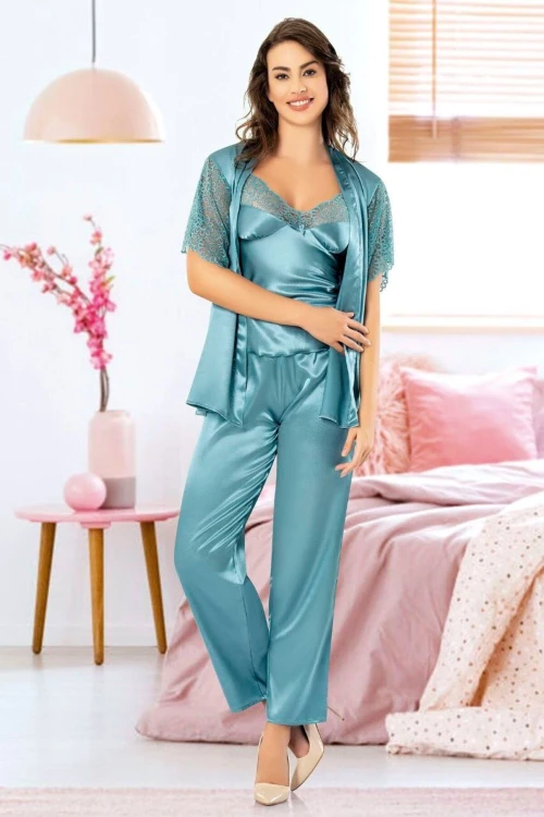 Mavi Saten Dantel Detaylı SabahlıkLı 3 Lü Pijama Takım BCAN-254909FA
