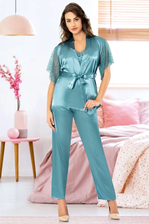 Mavi Saten Dantel Detaylı SabahlıkLı 3 Lü Pijama Takım BCAN-254909FA