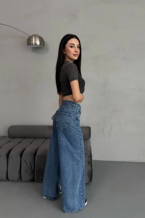 Mavi Yüksek Bel Baggy Palazzo Jean Pantolon BCNW-251417