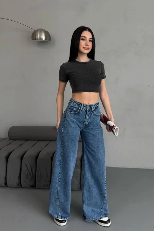 Mavi Yüksek Bel Baggy Palazzo Jean Pantolon BCNW-251417