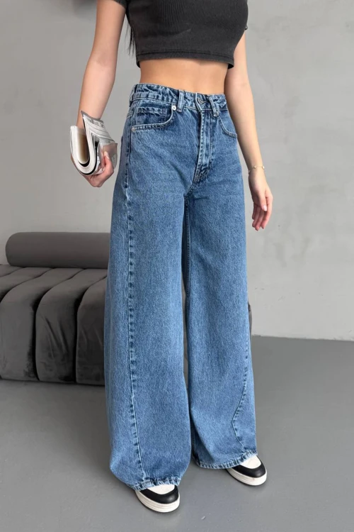 Mavi Yüksek Bel Baggy Palazzo Jean Pantolon BCNW-251417