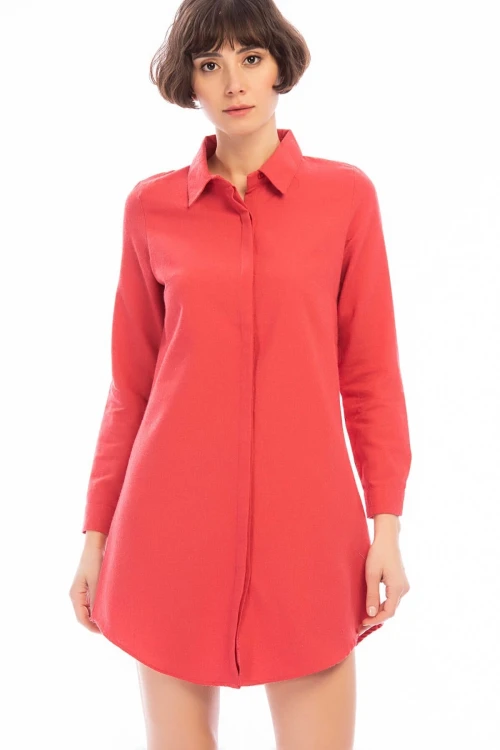 Mercan Şardonlu Uzun Kollu Dokuma Gömlek Elbise CO-258502461