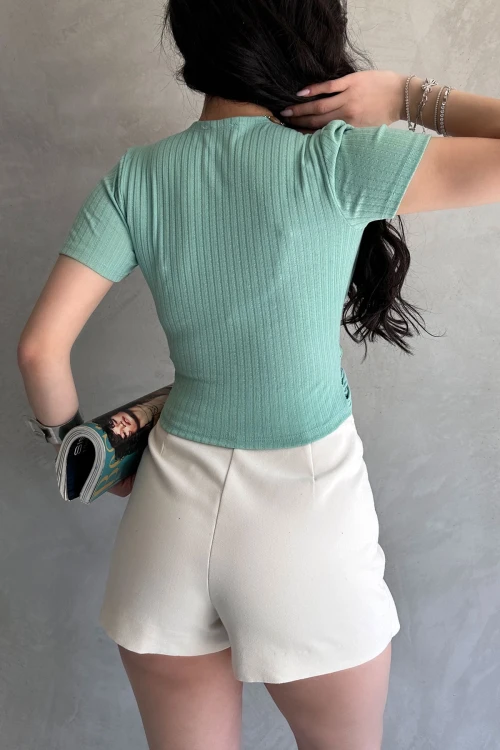 Mint Kruvaze Yaka Crop Bluz