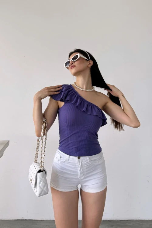 Mor Tek Omuz Fırıfır Detaylı Bluz BCDF-251088