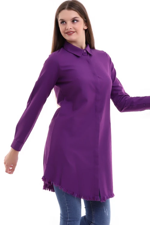 Mürdüm Eteği Püsküllü Uzun Boy Dokuma Gömlek CO-2521332853