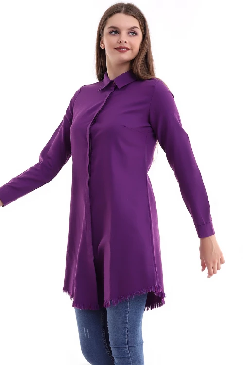 Mürdüm Eteği Püsküllü Uzun Boy Dokuma Gömlek CO-2521332853