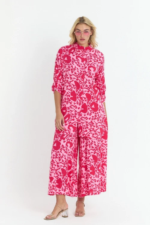 Pembe Çiçek Desenli Uzun Tunik Ve Pantolon Dokuma Viscon Alt Üst Takım BCVL-25V053-2