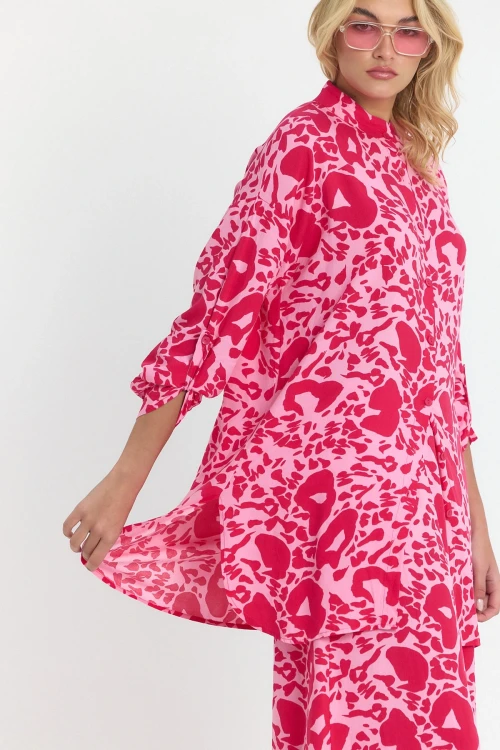 Pembe Çiçek Desenli Uzun Tunik Ve Pantolon Dokuma Viscon Alt Üst Takım BCVL-25V053-2