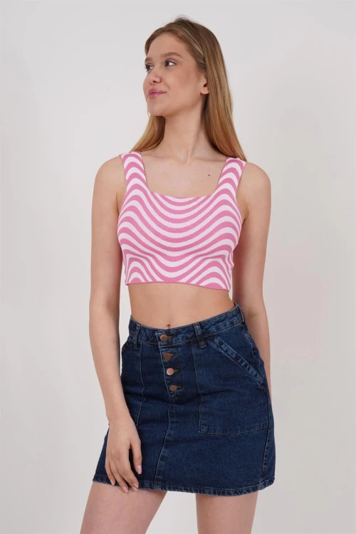 Pembe Kare Yaka Desenli Triko Bluz CO-2523256429