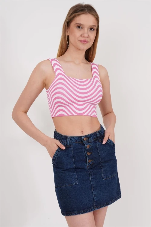 Pembe Kare Yaka Desenli Triko Bluz CO-2523256429