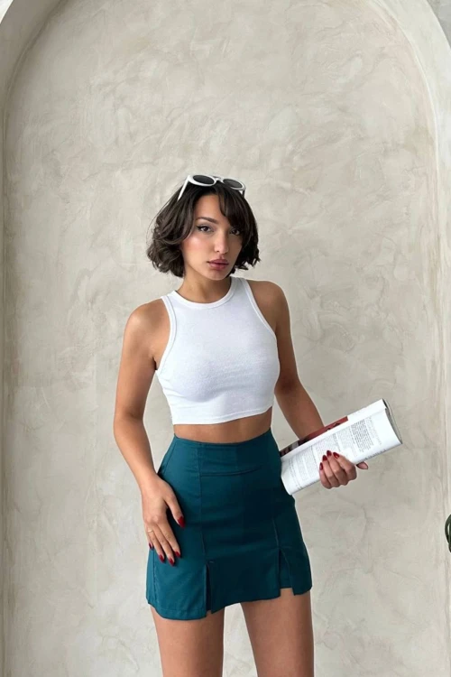 Petrol Çift Yırtmaçlı Şort Etek BCHN-25250364