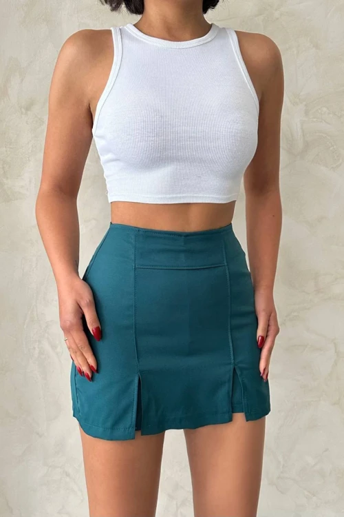 Petrol Çift Yırtmaçlı Şort Etek BCHN-25250364