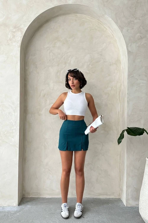 Petrol Çift Yırtmaçlı Şort Etek BCHN-25250364