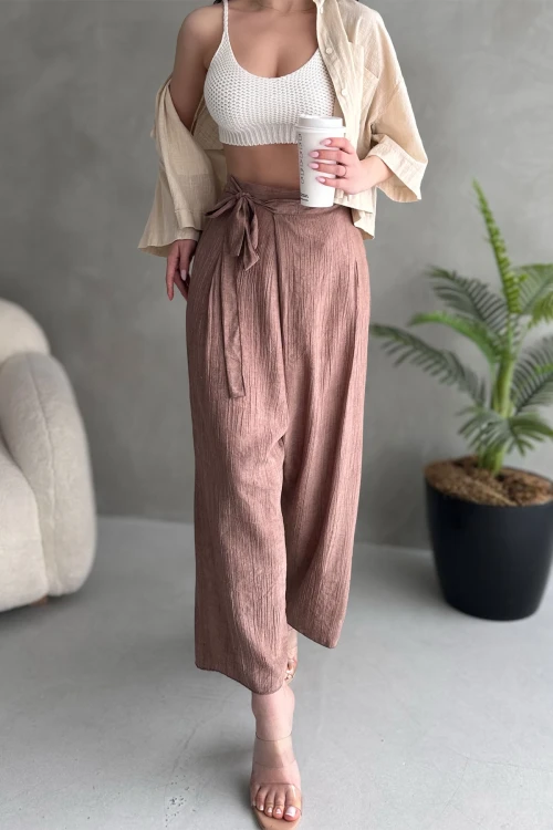 Pudra Bağlamalı Anvelop Kesim Salaş Keten Dokuma Pantolon BCDF-251108