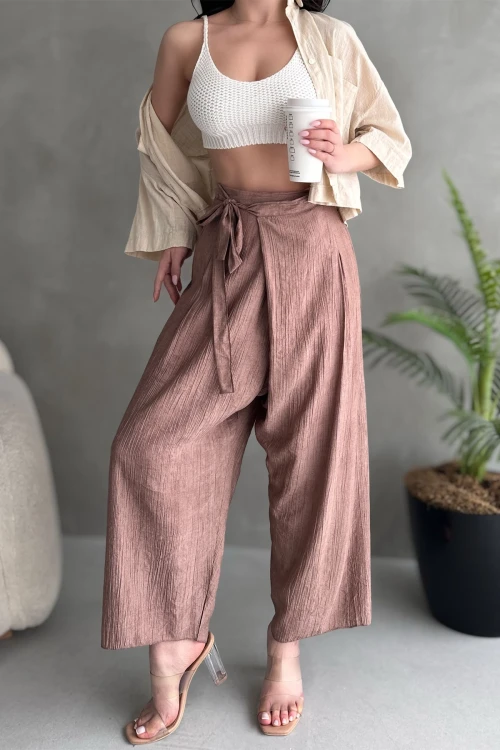 Pudra Bağlamalı Anvelop Kesim Salaş Keten Dokuma Pantolon BCDF-251108