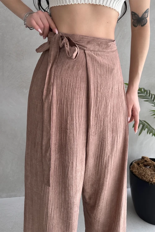 Pudra Bağlamalı Anvelop Kesim Salaş Keten Dokuma Pantolon BCDF-251108