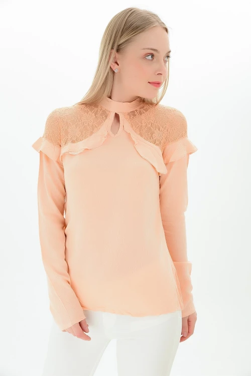 Pudra Omuzları Dantelli Tül Fırfırlı Şile Bezi Bluz CO-259109329
