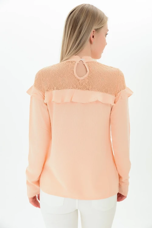 Pudra Omuzları Dantelli Tül Fırfırlı Şile Bezi Bluz CO-259109329