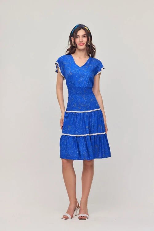 Saks V Yaka Nervürlü Çiçek Desenli Yazlık Viscon Elbise BCVL-25V054