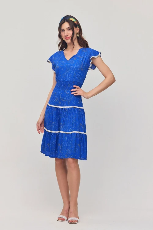 Saks V Yaka Nervürlü Çiçek Desenli Yazlık Viscon Elbise BCVL-25V054