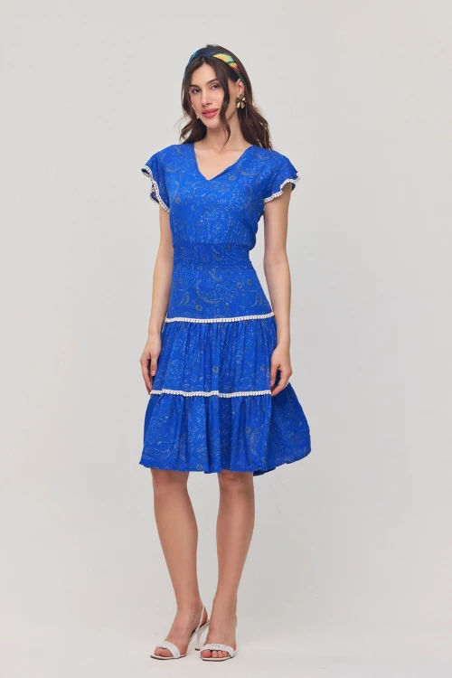 Saks V Yaka Nervürlü Çiçek Desenli Yazlık Viscon Elbise BCVL-25V054