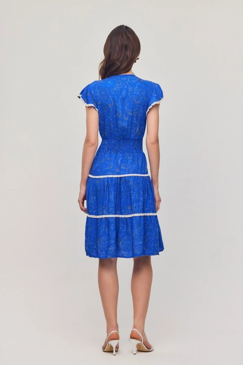 Saks V Yaka Nervürlü Çiçek Desenli Yazlık Viscon Elbise BCVL-25V054