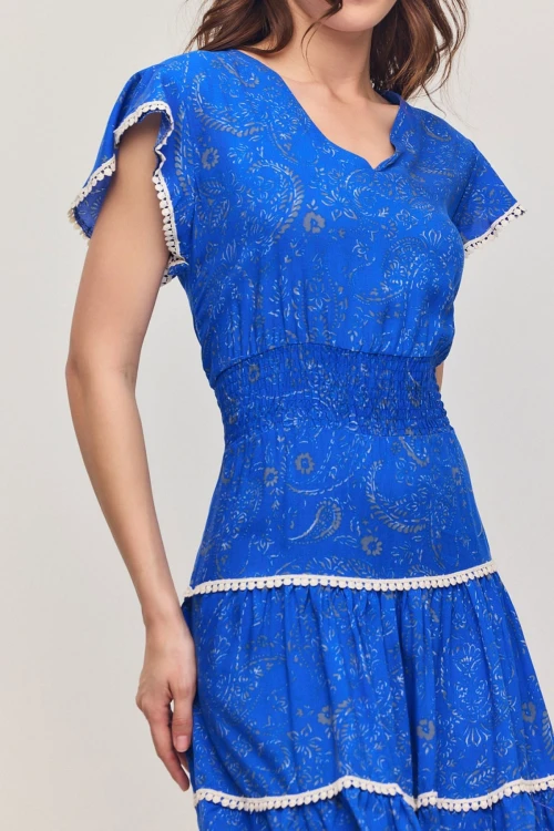 Saks V Yaka Nervürlü Çiçek Desenli Yazlık Viscon Elbise BCVL-25V054